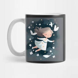 Ethereal White Dress Girl Soaring Amongst Stars and white dove Mug